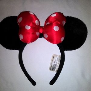 Disney Parks Minnie Mouse Black Plush Ears Red Satin Polka Dot Bow Headband